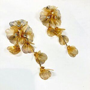 Lightweight Brass Floral Earrings with Rhinestones